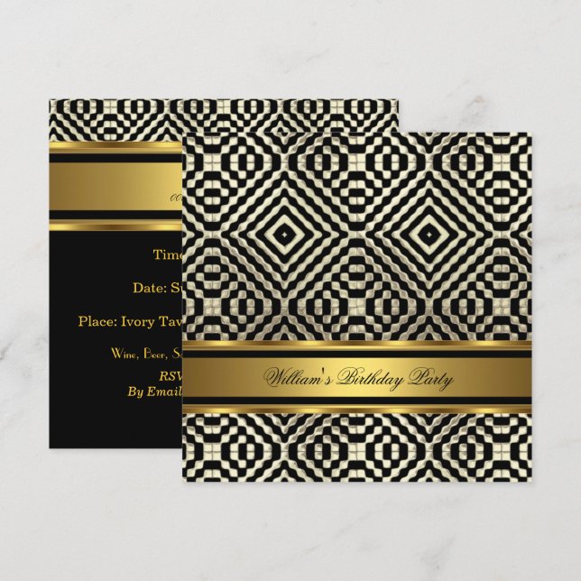 Elegant Gold Black Birthday Party Mens Man Invitation (Front/Back)