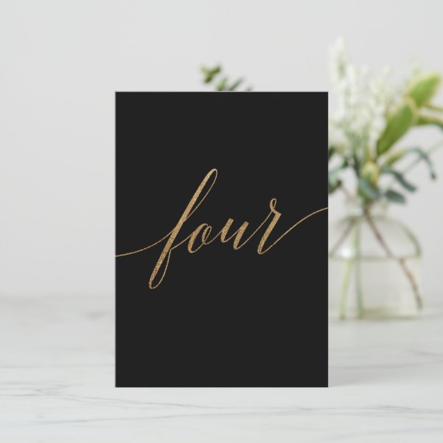 Elegant Gold & Black Calligraphy Table Number Four (Standing Front)