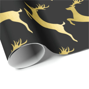 Elegant Gold Black Christmas Reindeer Pattern Wrapping Paper