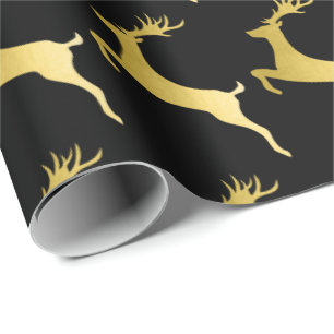Elegant Gold Black Christmas Reindeer Pattern Wrapping Paper