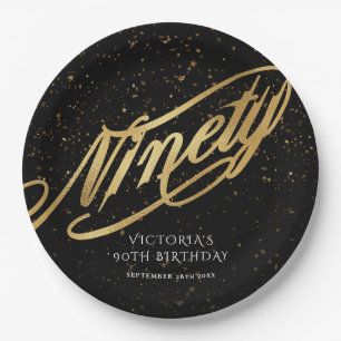 Elegant Gold Black Confetti Ninety 90th Birthday Paper Plate