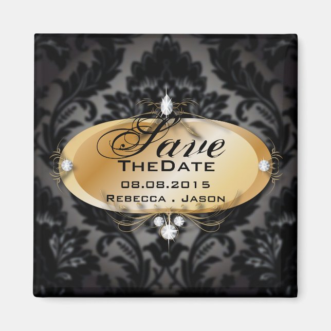 Elegant Gold black damask save the date Magnet (Front)