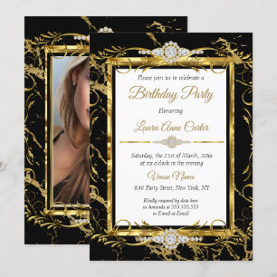 Elegant Gold Black Diamond Photo Birthday Party Invitation