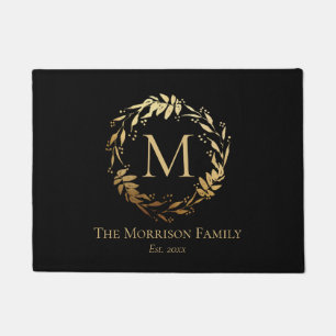 Elegant Gold Black Eucalyptus Wreath Monogram Doormat