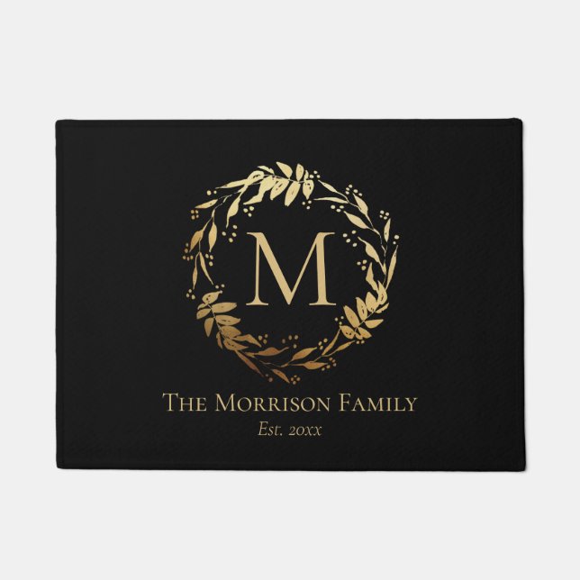 Elegant Gold Black Eucalyptus Wreath Monogram Doormat (Front)