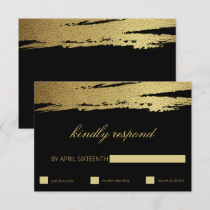 Elegant Gold & Black Faux Foil Brush Stroke RSVP Card