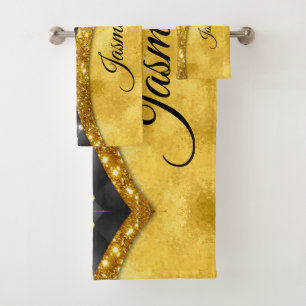 Elegant gold black faux rhinestone monogram  bath towel set