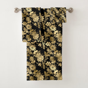 Elegant Gold Black Floral Glam Bath Towel Set