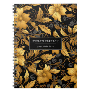 Elegant Gold Black Floral Leaves Botanical Script Notebook