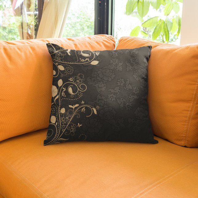 Elegant Gold Black Floral Pattern Throw Pillow (Creator Uploaded)