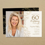 Elegant Gold Black Floral Photo 60th Birthday Invitation<br><div class="desc">Gold black floral 60th birthday party invitation with your photo on the front of the card. Minimalist modern design featuring botanical outline drawings accents, faux gold foil and typography script font. Simple trendy invite card perfect for a stylish female bday celebration. Can be customized to any age. Printed Zazzle invitations...</div>
