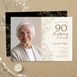 Elegant Gold Black Floral Photo 90th Birthday Invitation<br><div class="desc">Gold black floral 90th birthday party invitation with your photo on the front of the card. Minimalist modern design featuring botanical outline drawings accents, faux gold foil and typography script font. Simple trendy invite card perfect for a stylish female bday celebration. Can be customized to any age. Printed Zazzle invitations...</div>