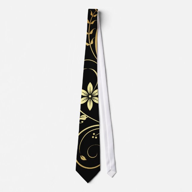 Elegant Gold & Black Floral Scroll Mens Tie (Front)