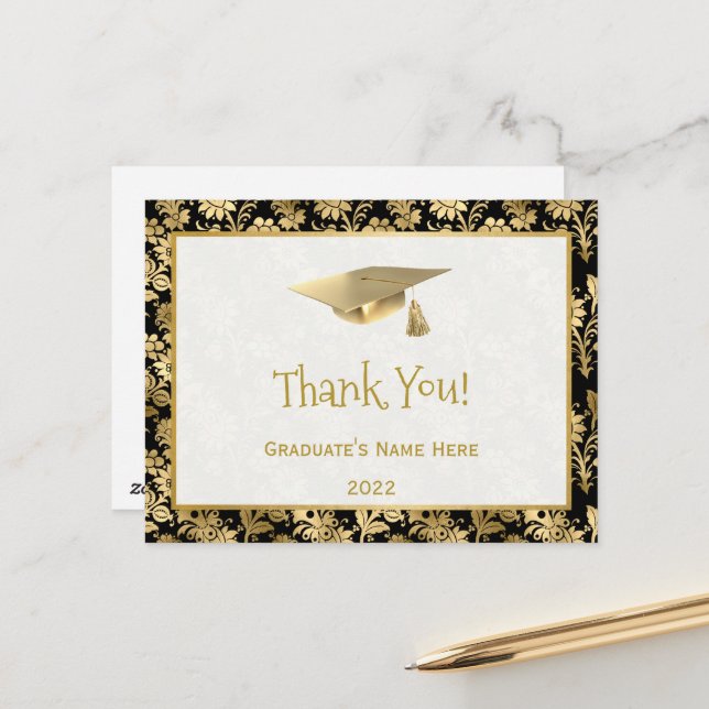 Elegant Gold Black Floral Thank You Graduation Postcard (Front/Back In Situ)