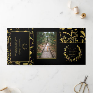 Elegant Gold & Black Floral Wreath Wedding Suite Tri-Fold Invitation