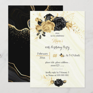 Elegant gold & black flowers birthday invitation