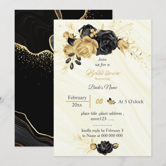 elegant gold & black flowers bridal shower invitation (Front/Back)