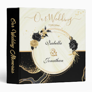 elegant gold & black flowers marble wedding album binder