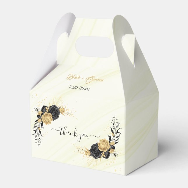 elegant gold & black flowers wedding favor box (Front Side)