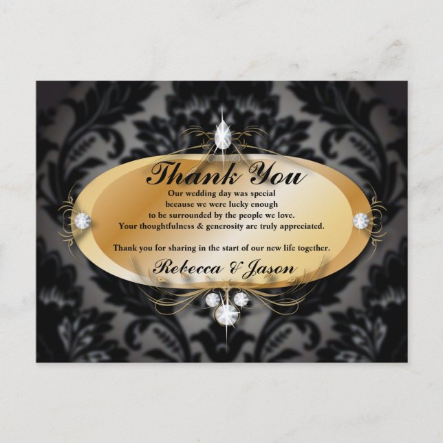 Elegant Gold black formal damask Wedding thank you Postcard (Front)