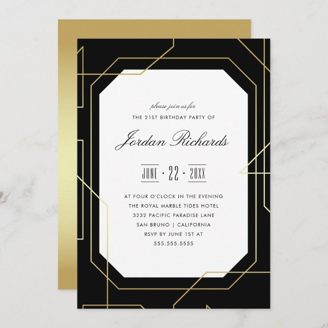 Elegant Gold & Black Geometric Birthday Party Invitation (Front/Back)