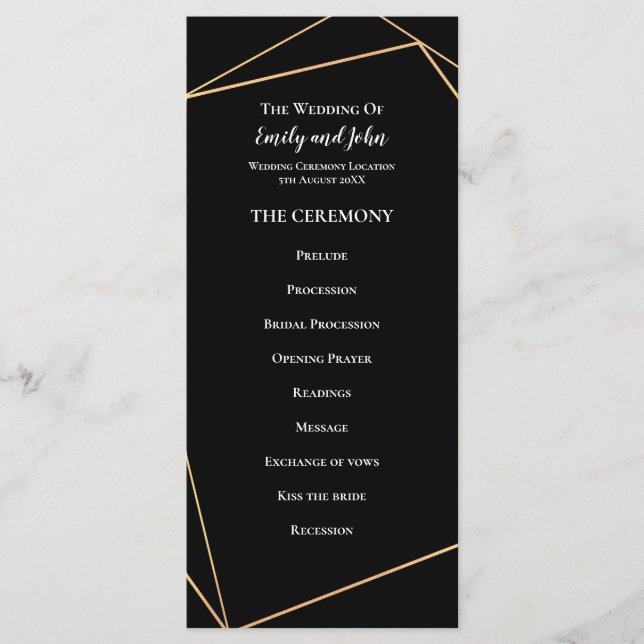 Elegant Gold & Black Geometric Lines Wedding Program (Front)