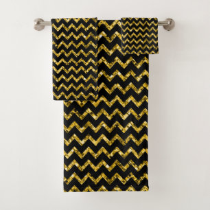 Elegant Gold Black Glitter Chevron Stripes Chic Bath Towel Set