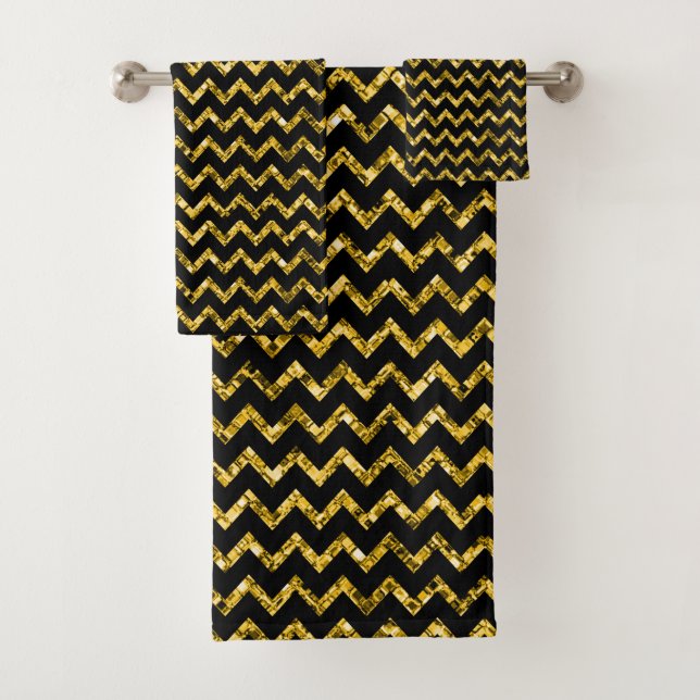 Elegant Gold Black Glitter Chevron Stripes Chic Bath Towel Set (Insitu)