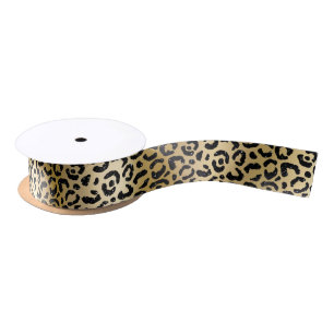 Elegant Gold & Black Glitter Leopard Spots Pattern Satin Ribbon