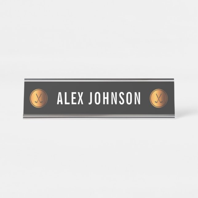Elegant Gold & Black Golf Theme Team Coach Custom Desk Name Plate (Front)