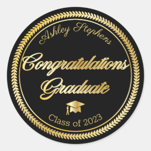 Elegant Gold   Black Grad Cap Class of 2021 Classic Round Sticker