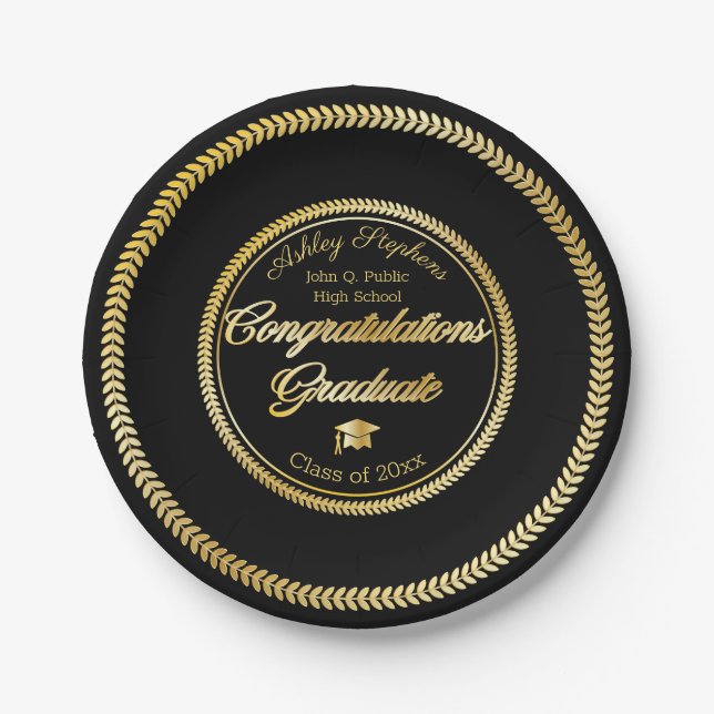 Elegant Gold | Black Grad Cap Class of 2023 Paper Plate (Front)