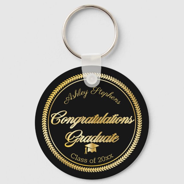 Elegant Gold | Black Grad Cap Class Year Keychain (Front)