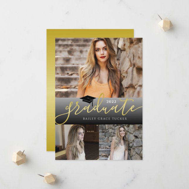Elegant Gold Black Graduate 3-photo Graduation Announcement (Front/Back In Situ)