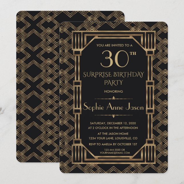 Elegant Gold Black Great Gatsby Birthday Party Invitation (Front/Back)