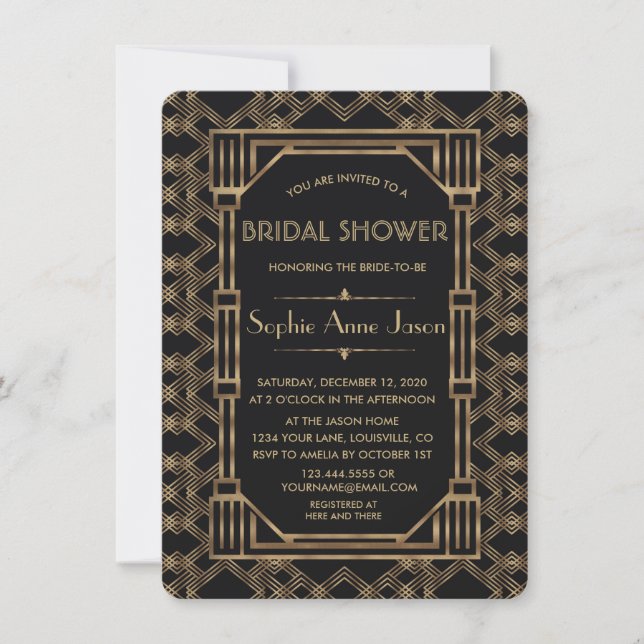 Elegant Gold Black Great Gatsby Bridal Shower Invitation (Front)