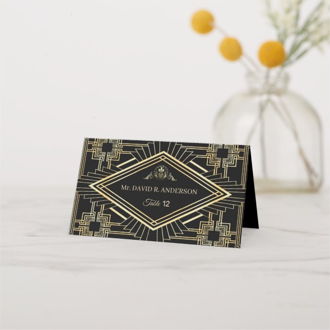 Elegant Gold Black Great Gatsby Wedding Place Card (Back)