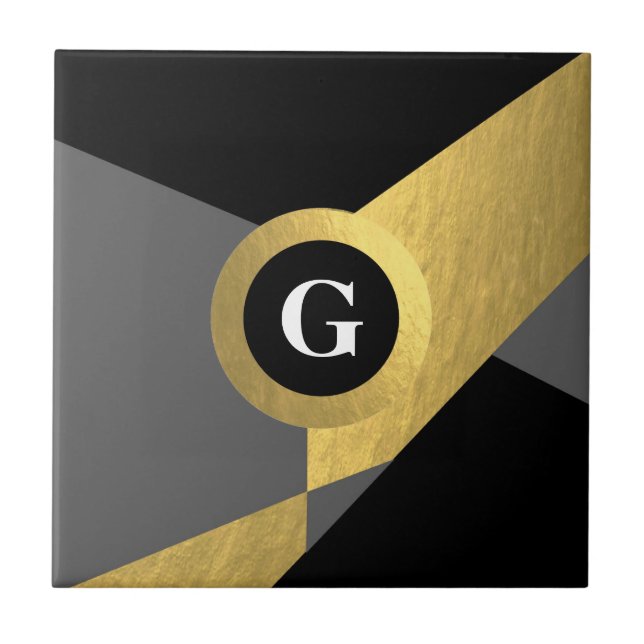 Elegant Gold Black Grey Colour Block Any Monogram Tile (Front)
