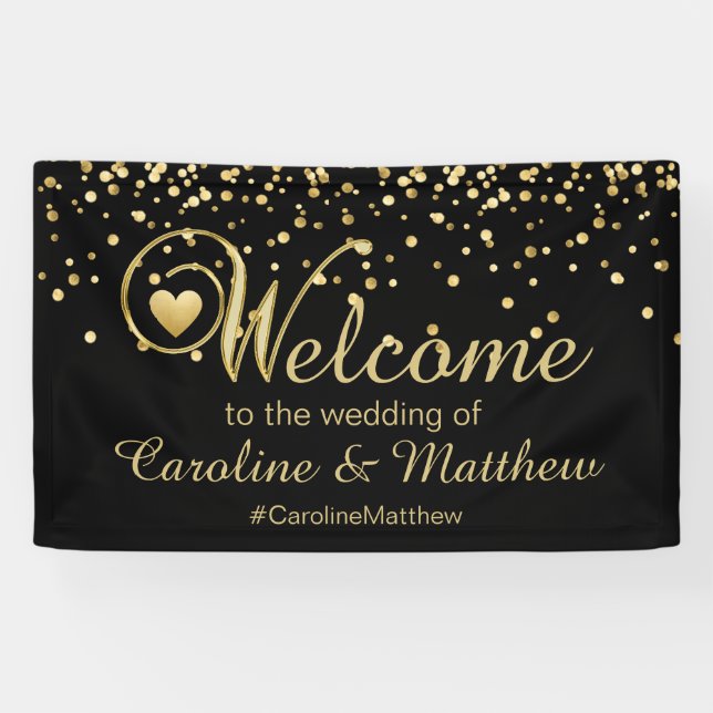 Elegant Gold Black Heart Welcome Wedding Banner (Horizontal)