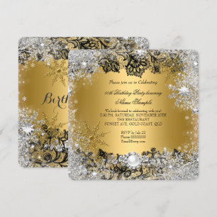 Elegant Gold Black Lace Silver Snowflake Birthday Invitation