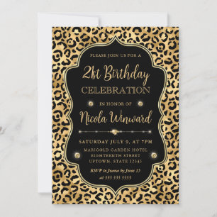 Elegant Gold & Black Leopard Print Birthday Party Invitation