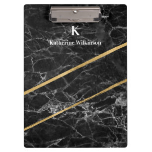 Elegant Gold Black Marble Gold Monogram Clipboard