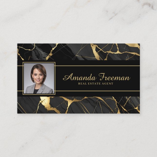 Elegant Gold & Black Marble Real Estate Agent Business Card (Front)