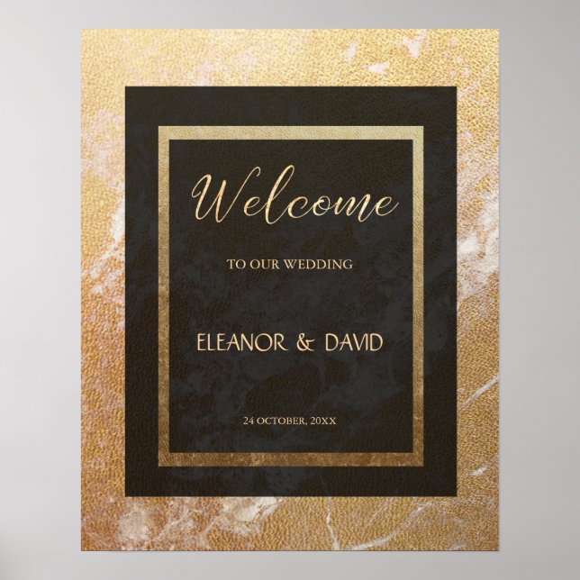Elegant gold black marble welcome wedding script poster (Front)