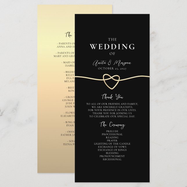 Elégant Gold Black Mariage programme de cérémonie (Devant / Derrière)