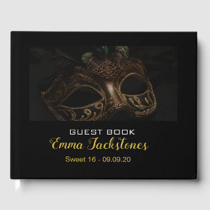Elegant Gold & Black Mask Masquerade Sweet 16 Guest Book