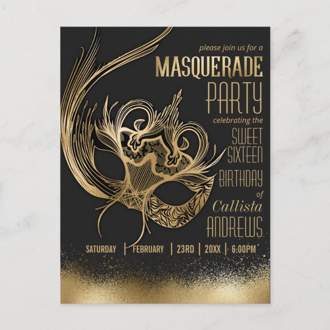 Elegant Gold Black Masquerade Mask Sweet Sixteen Invitation Postcard (Front)