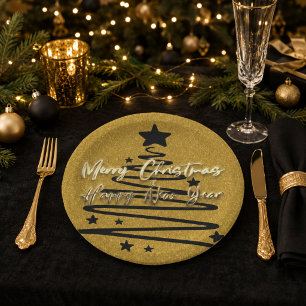 Elegant Gold Black Merry Christmas Happy New Year Paper Plate