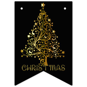 Elegant Gold Black Merry Christmas Tree Party Bunting Flags