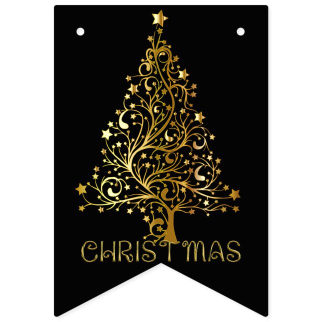 Elegant Gold Black Merry Christmas Tree Party Bunting Flags (First Flag)